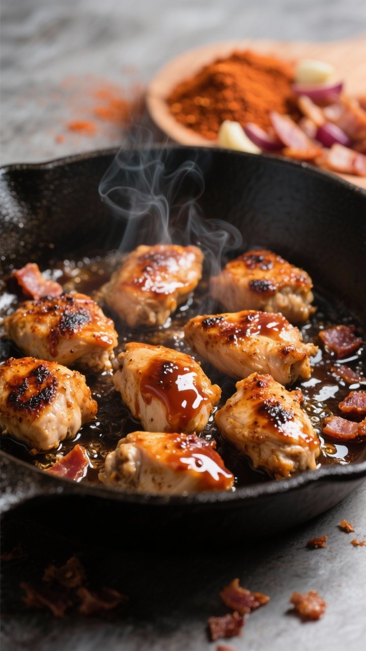 Cooking process close-up: Bite-size chicken pieces searing in a skillet with a glossy, sugar-free BB