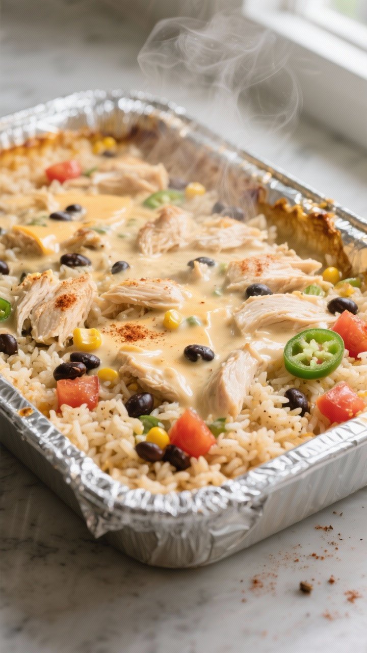 Cooking process, close-up detail: A 9x13 baking dish just out of the oven with the foil freshly remo