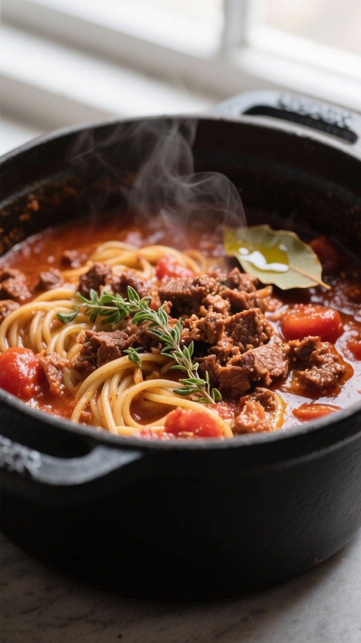 Cooking process, close-up detail: A rich, slow-simmering spaghetti meat sauce in a matte black Dutch