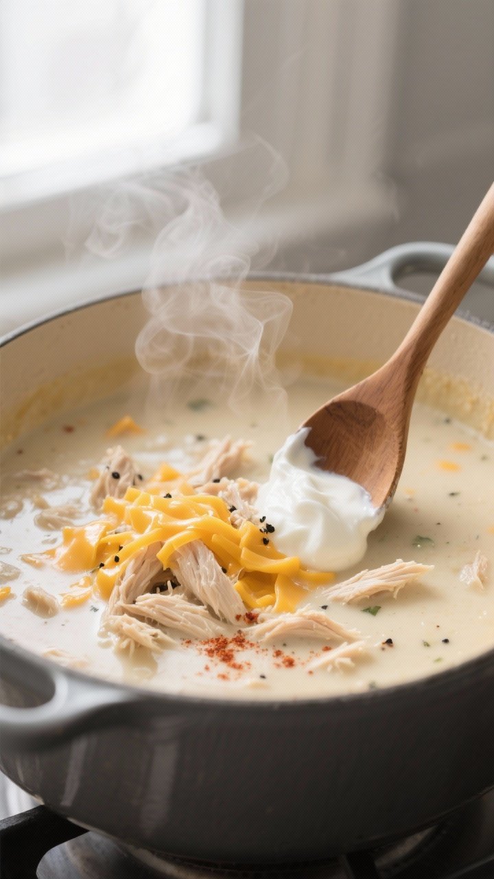 Cooking process, close-up detail: A shallow-depth-of-field close-up of creamy chicken cheese soup in
