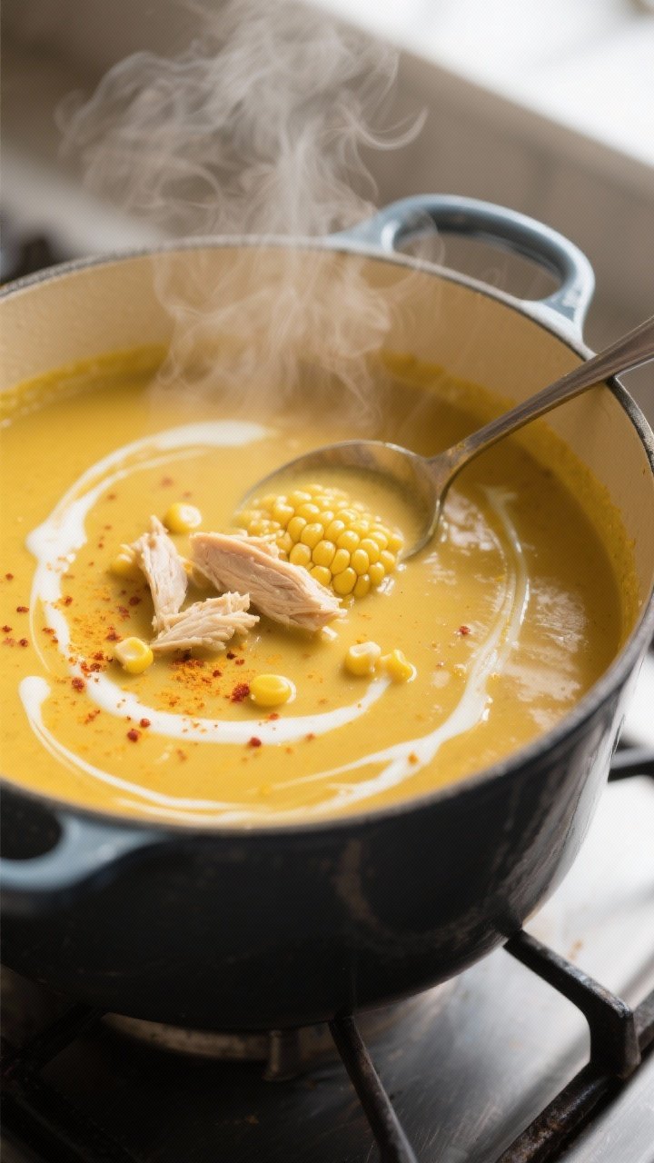 Cooking process, close-up detail: A steamy, close-up shot of the bisque just after blending in a Dut