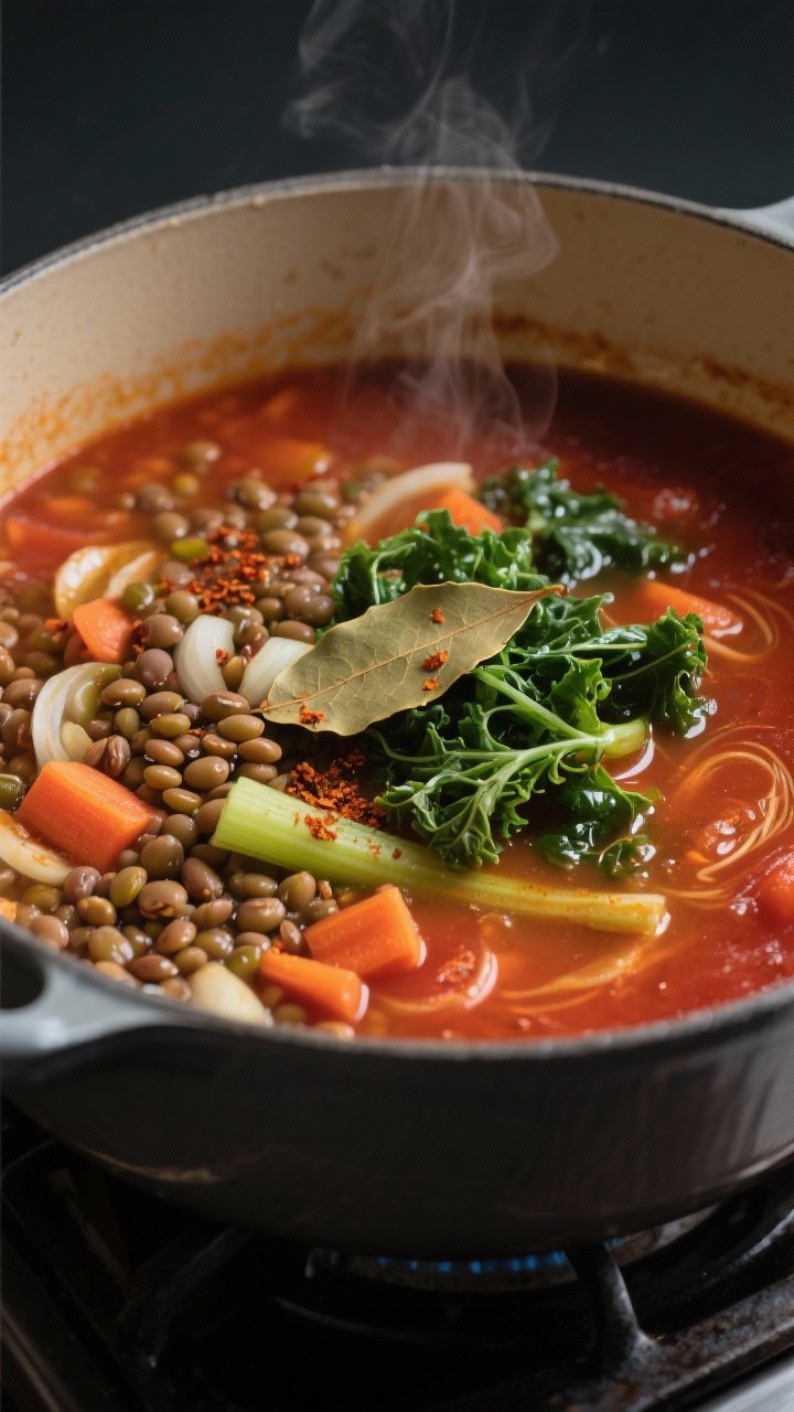Cooking process, close-up detail: A wide, heavy pot on the stovetop with lentil vegetable soup at a 