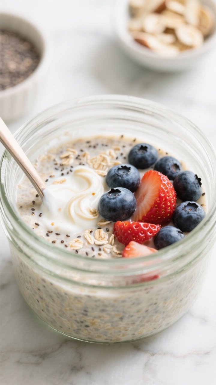 Cooking process, close-up detail: A wide-mouth glass jar filled with mixed overnight oats base after