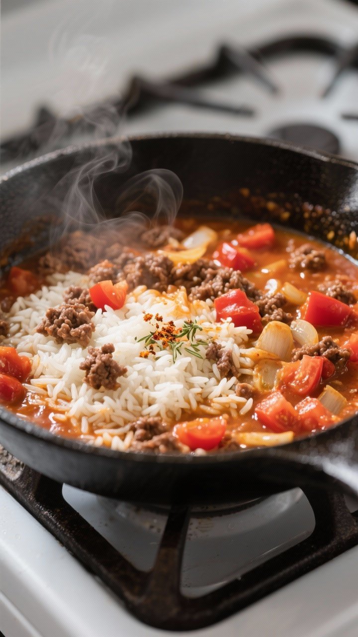 Cooking process, close-up detail: Close-up of a deep skillet on the stove during the simmer stage, s