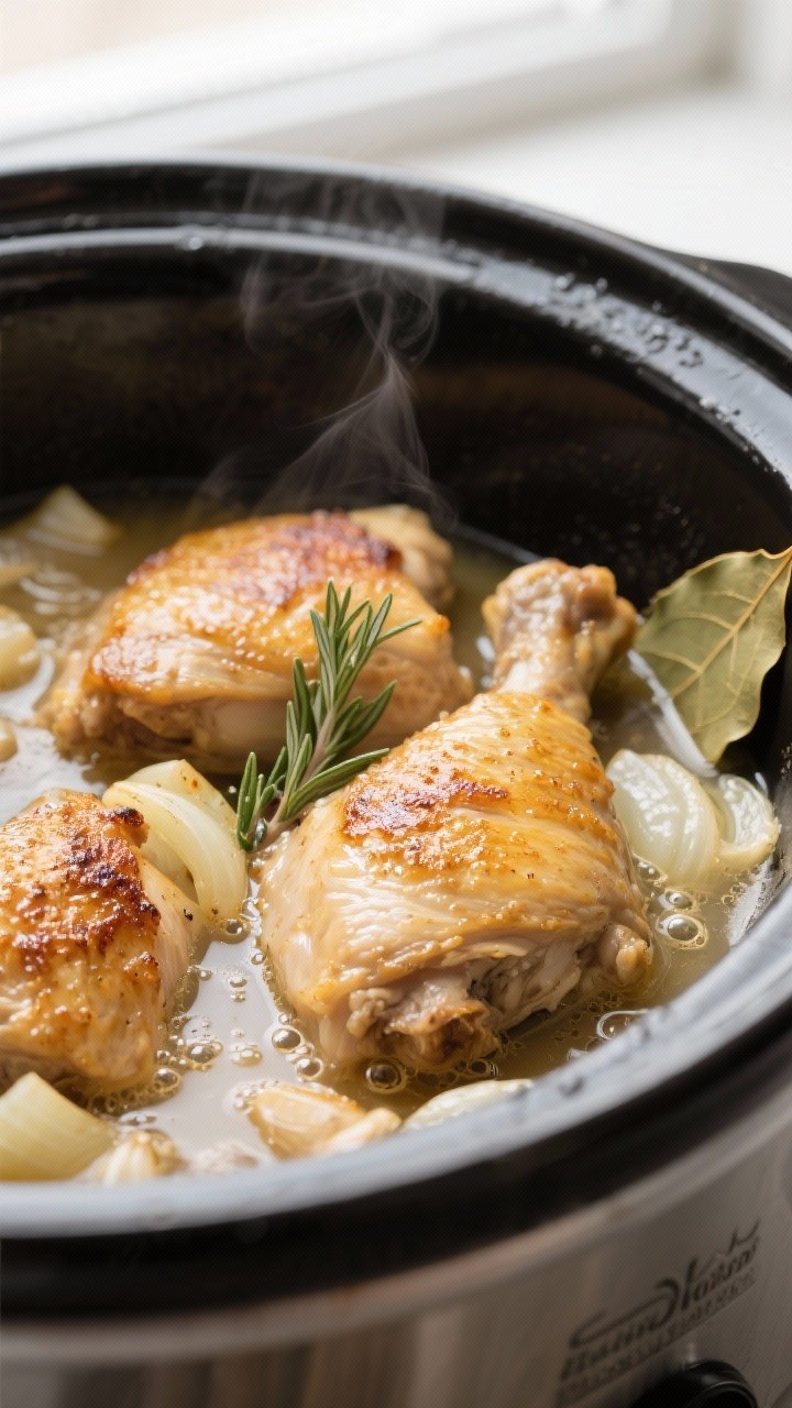 Cooking process, close-up detail: Golden-seared boneless chicken thighs nestled in a crockpot, bathe