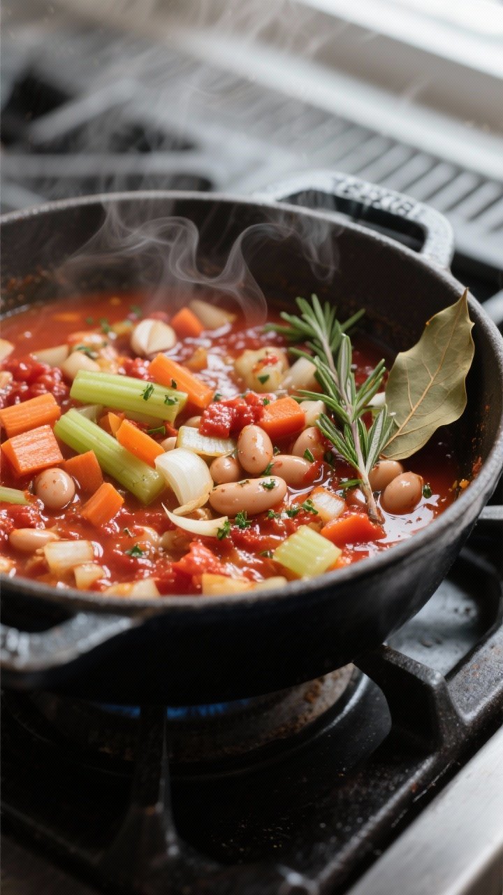 Cooking process, close-up detail: Sautéed soffritto for Tuscan Bean & Kale Soup just after tomato p
