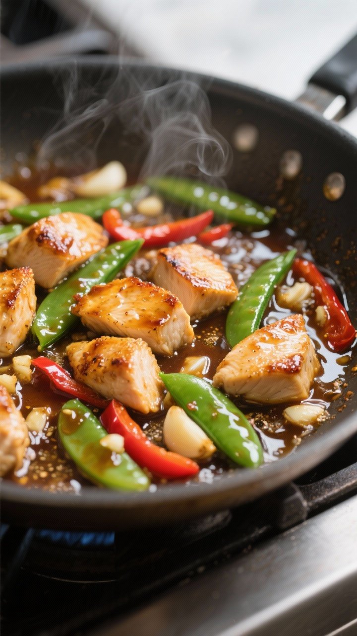 Cooking process, close-up detail: Searing bite-size chicken breast pieces in a wide stainless skille