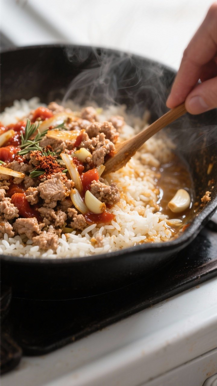 Cooking process, close-up detail: Sizzling one-pan rice dinner mid-cook in a matte black skillet on