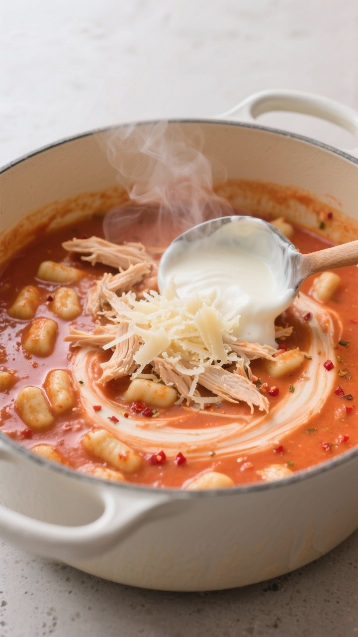 Cooking process, close-up detail: Steam-kissed shot of creamy tomato base swirling as heavy cream an