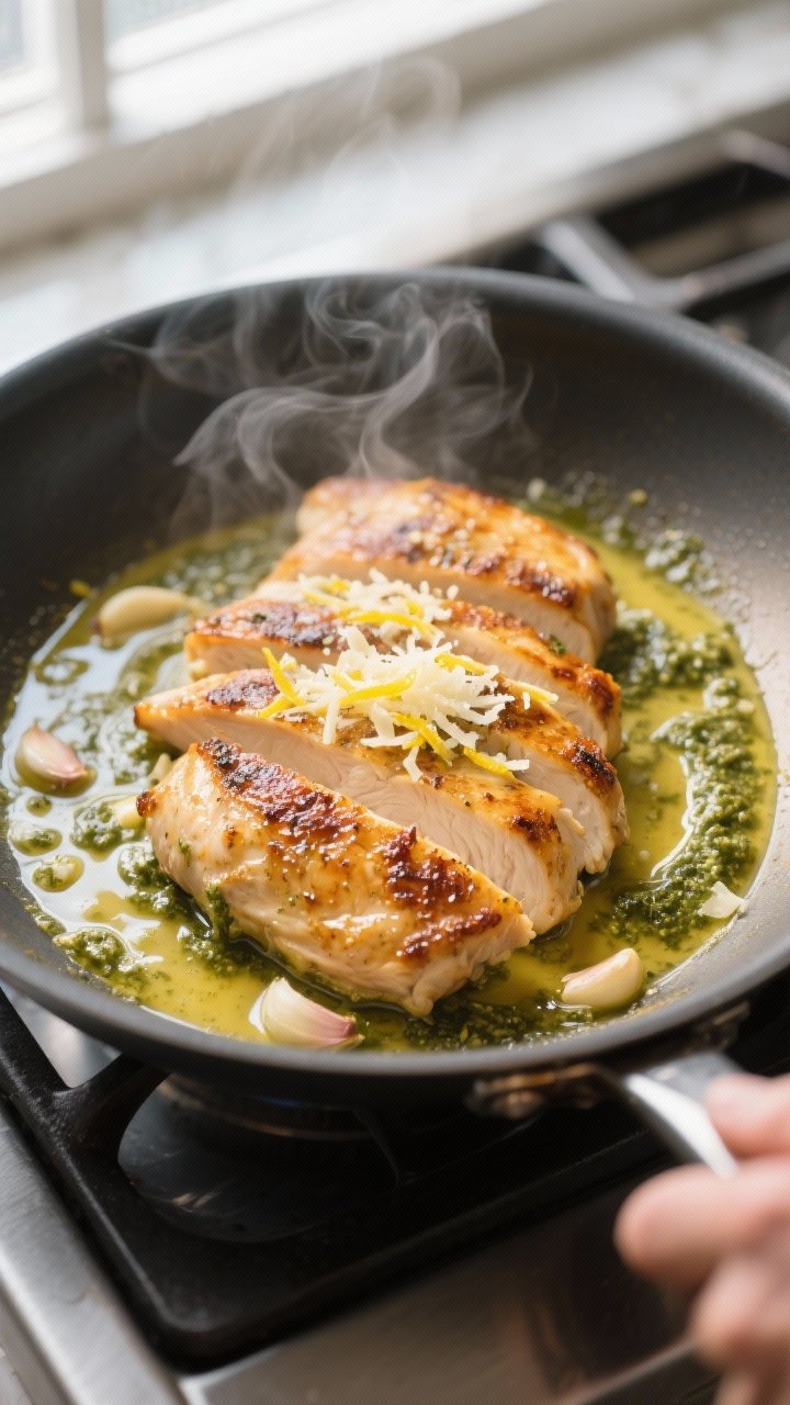 Cooking process close-up: Golden-seared chicken slices in a wide stainless skillet, edges caramelize