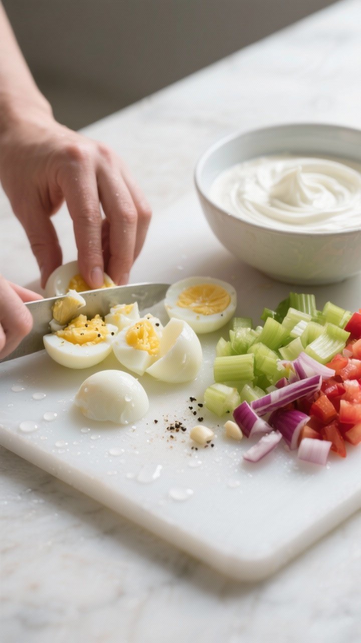 Cooking process close-up: Just-peeled hard-boiled eggs being chopped into chunky pieces on a clean w