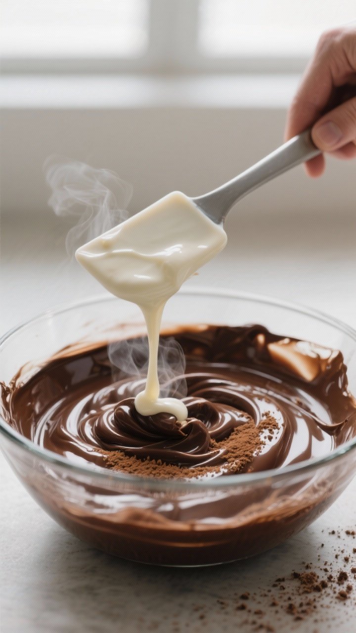 Cooking process close-up: Lukewarm melted chocolate mixture being tempered with a stream of sweetene
