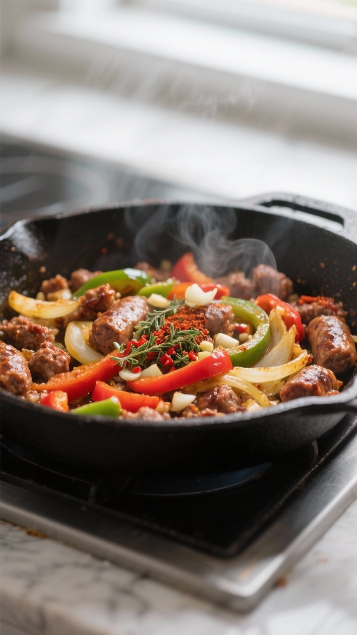 Cooking process close-up: Sausage, pepper, and onion mixture sizzling in a cast-iron skillet after b