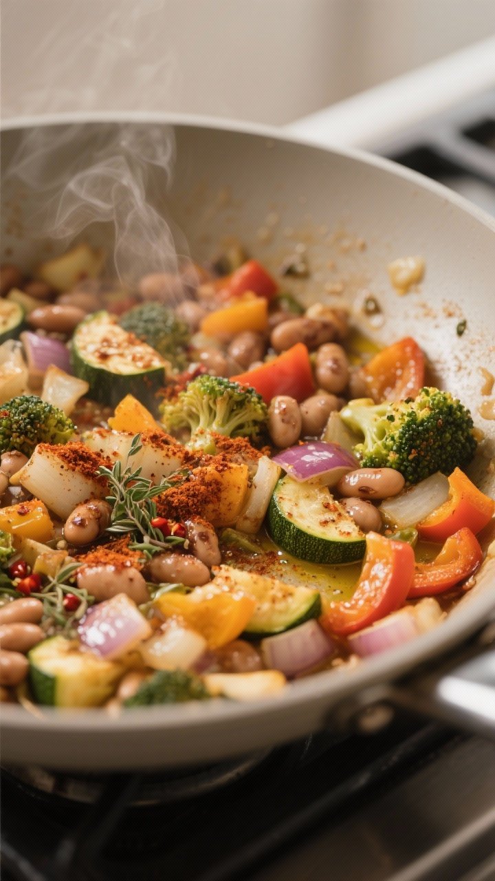Cooking process close-up: Sautéed vegetable base for the bean & veggie bake sizzling in a large ski