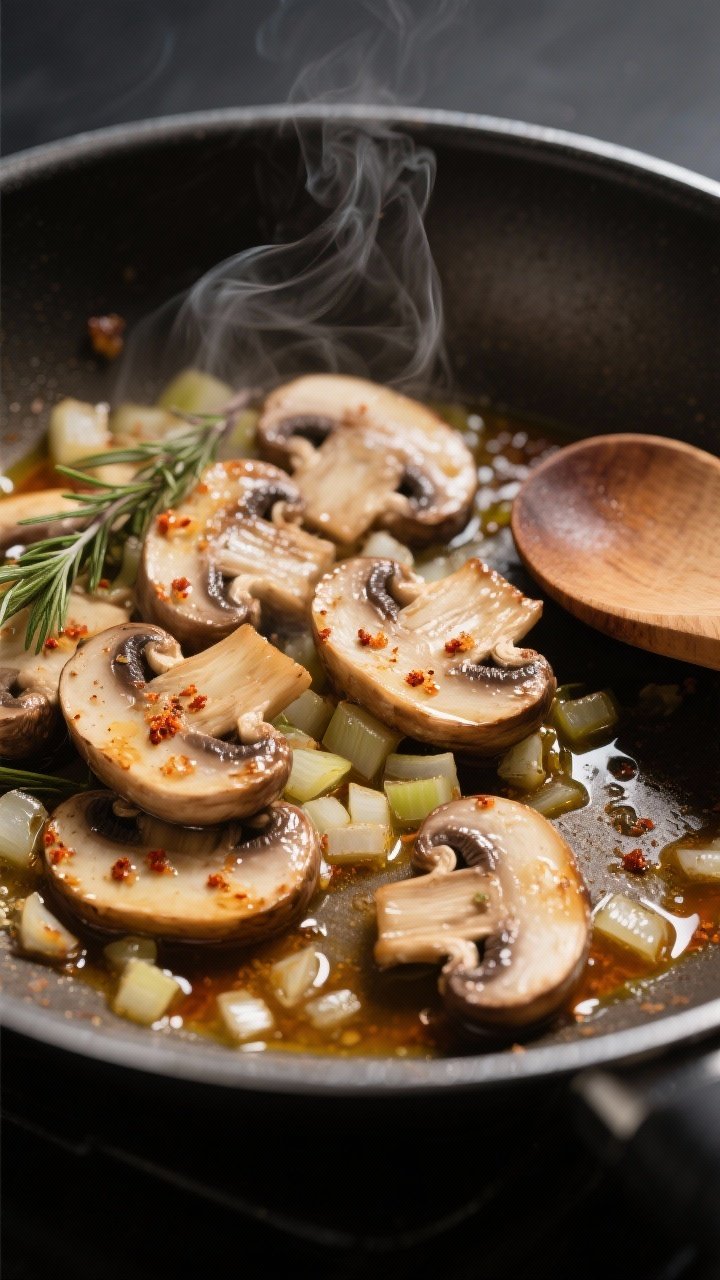 Cooking process, close-up: Sliced cremini mushrooms browning in a wide skillet with softened diced o