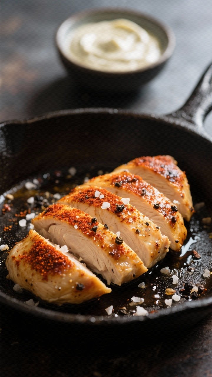 Cooking process close-up: Sliced, just-rested grilled chicken breast on a cast-iron skillet, golden