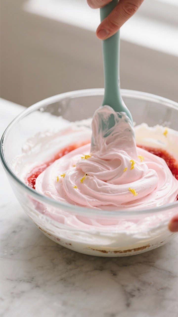 Cooking process close-up: Thick strawberry cheesecake mousse being folded together in a glass mixing