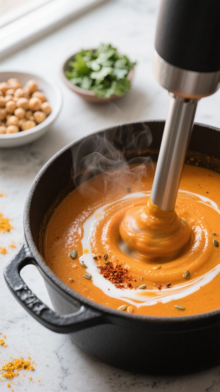 Cooking process close-up: Velvety carrot and chickpea soup mid-blend in a Dutch oven, immersion blen
