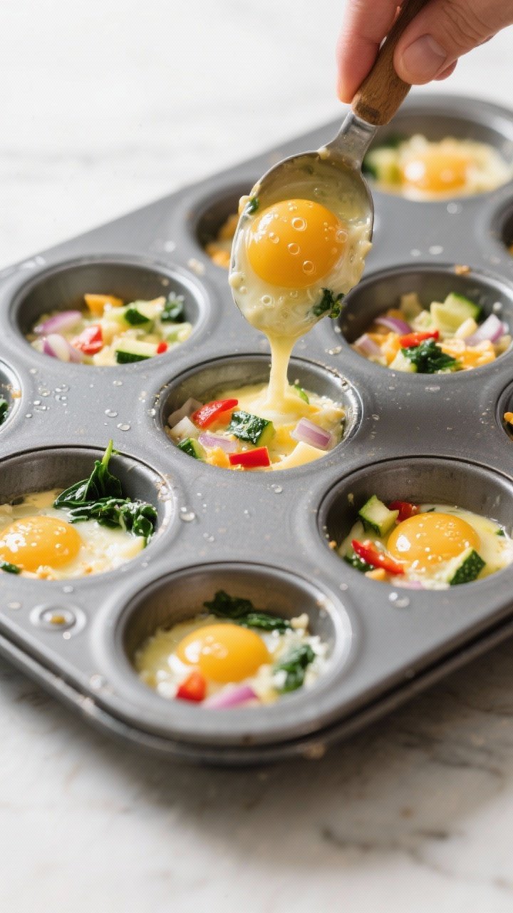 Cooking process: Egg muffin mixture being portioned into a well-greased 12-cup muffin tin, each cup
