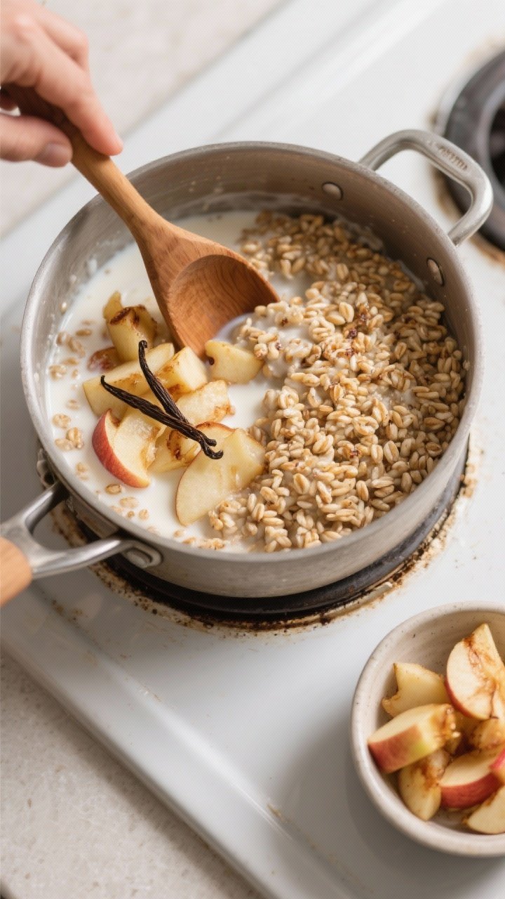 Cooking process: Farro Breakfast Bowl being assembled in the pot—cooked pearled farro stirred with