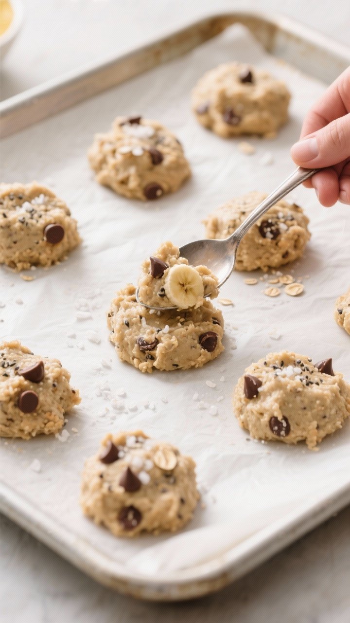 Cooking process: Heaping tablespoons of banana-oat dough being gently flattened with the back of a d