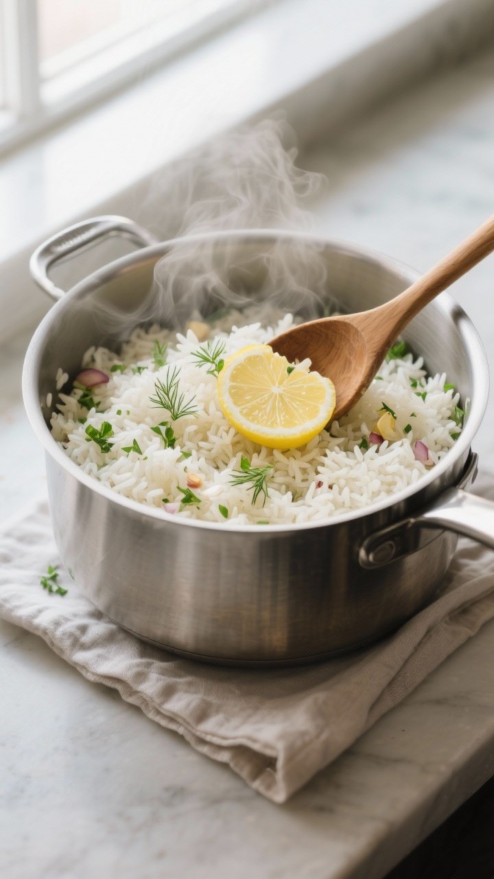 Cooking process: Lemon herb rice just fluffed in a stainless pot, steam rising; individual basmati g