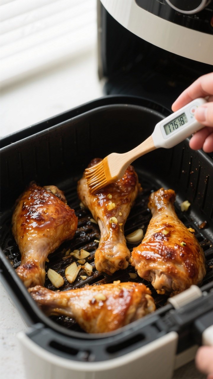 Cooking process: Mid-cook flip and baste moment in the air fryer at 380°F—thighs arranged in a si
