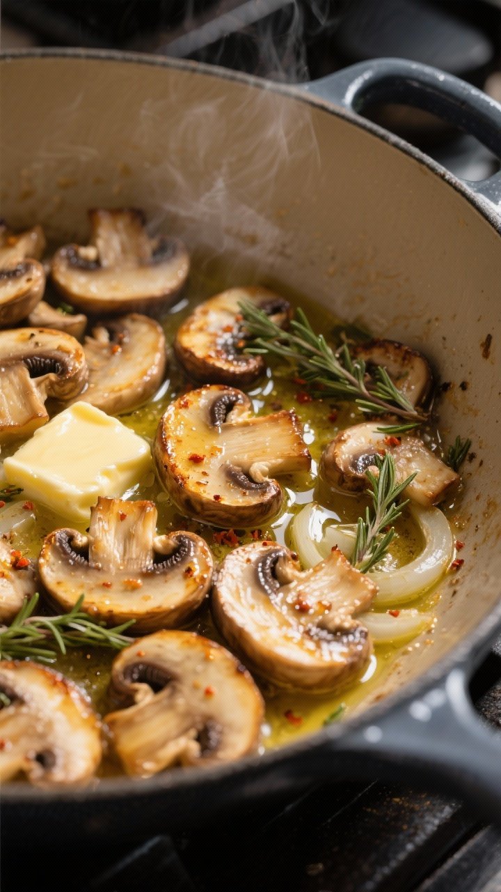 Cooking process — mushrooms browning: Close-up of golden-browned sliced cremini and shiitake mushr