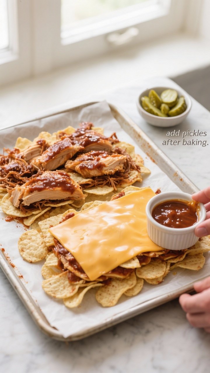 Cooking process: Overhead shot mid-assembly showing the layering technique on a parchment-lined shee