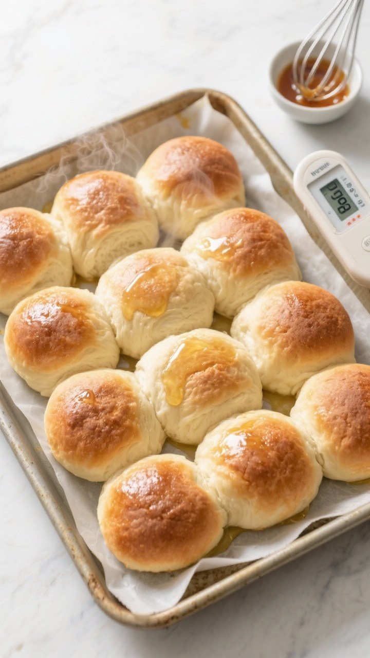 Cooking process: Overhead shot of 12 proofed dough balls nestled in a parchment-lined 9x13 pan just