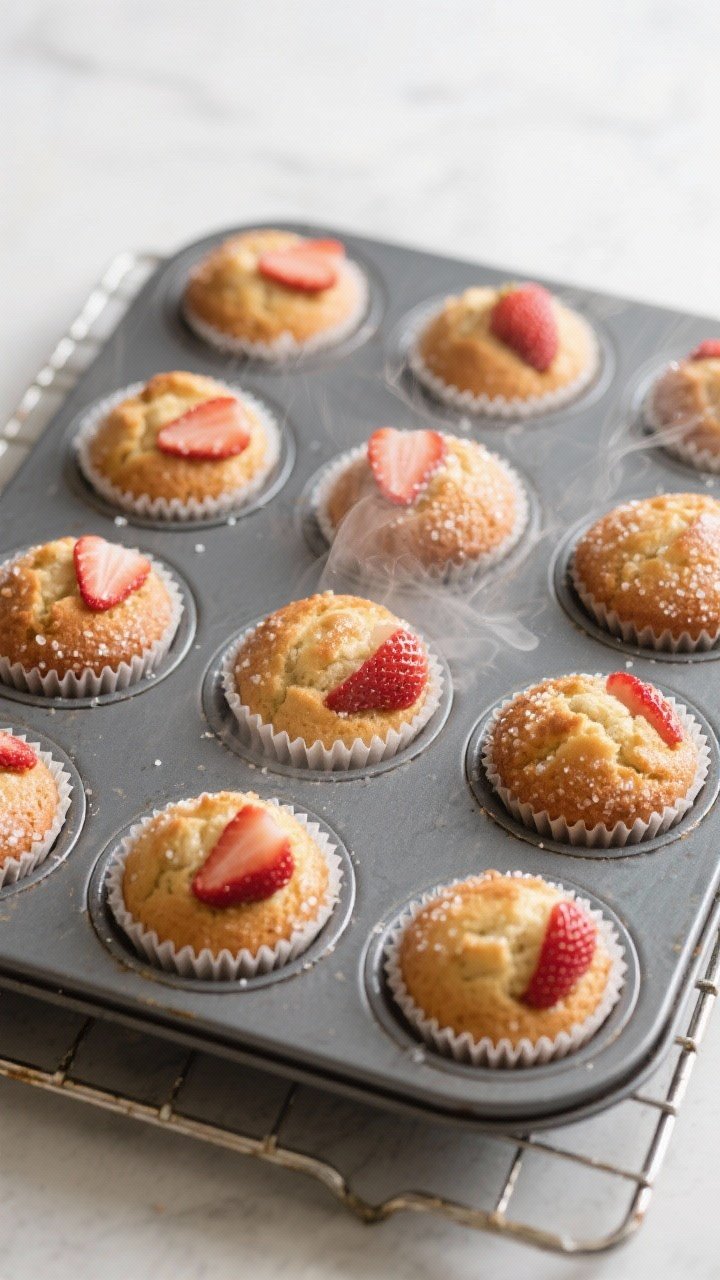 Cooking process: Overhead shot of a 12-cup muffin tin fresh out of the oven, each cup holding a bake