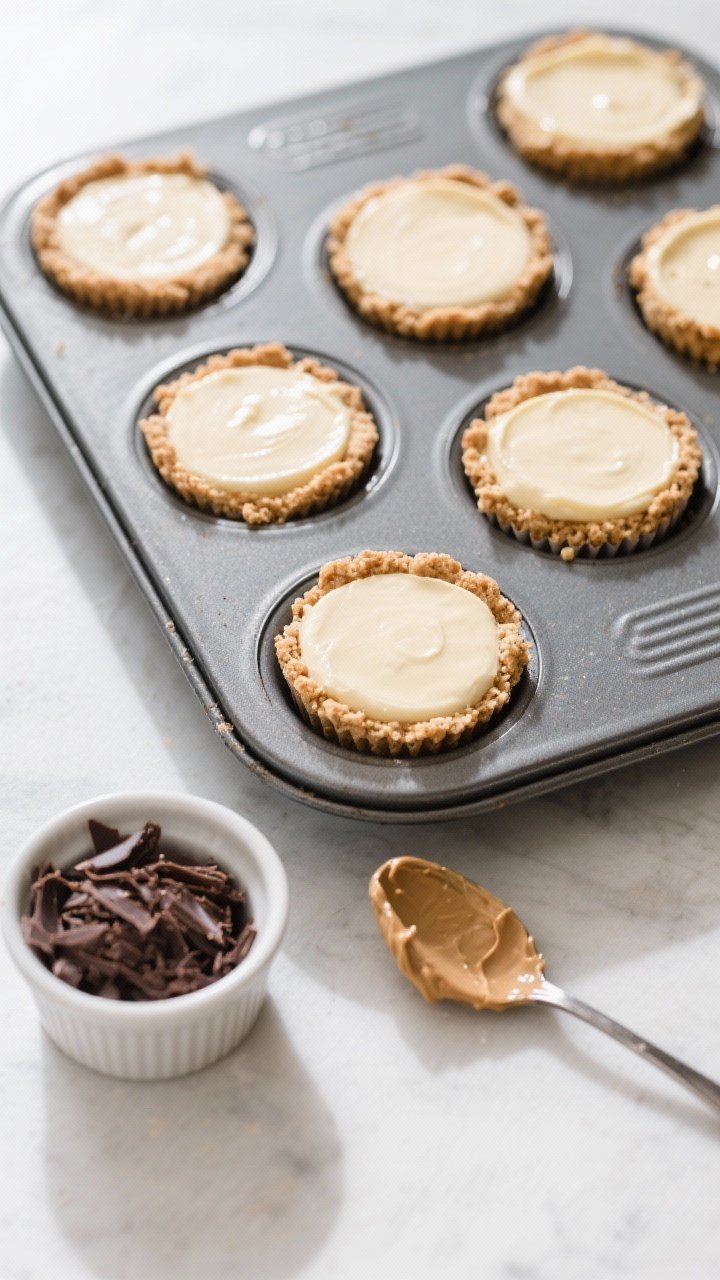 Cooking process: Overhead shot of assembled cheesecake cups in a muffin tin after the crust and fill