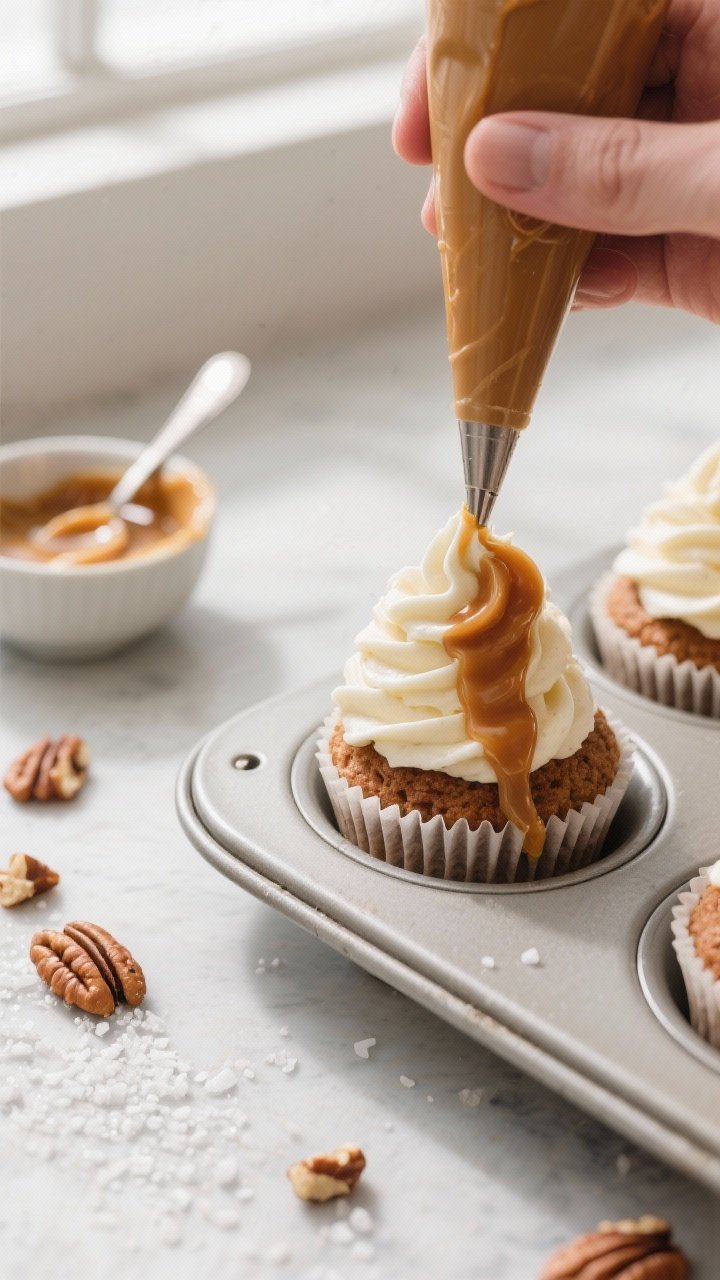 Cooking process: Overhead shot of cooled cupcakes being finished—cream cheese buttercream piped in