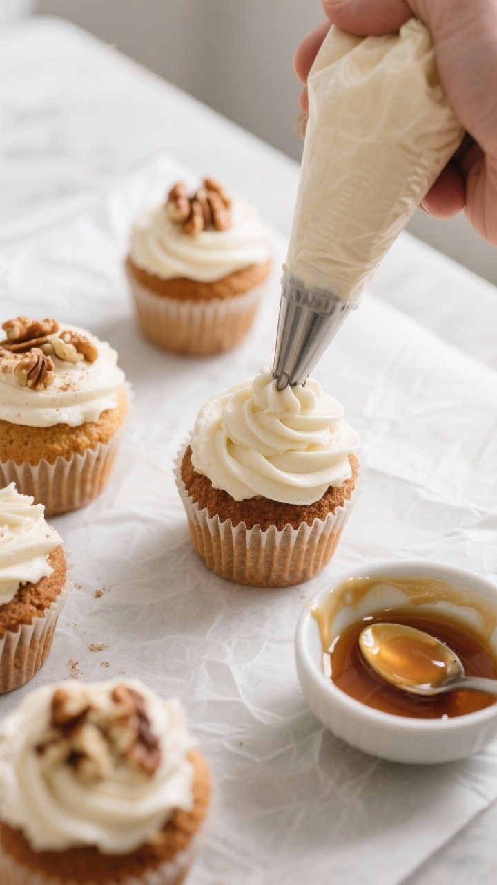 Cooking process: Overhead shot of cooled cupcakes being frosted with thick maple Greek yogurt frosti