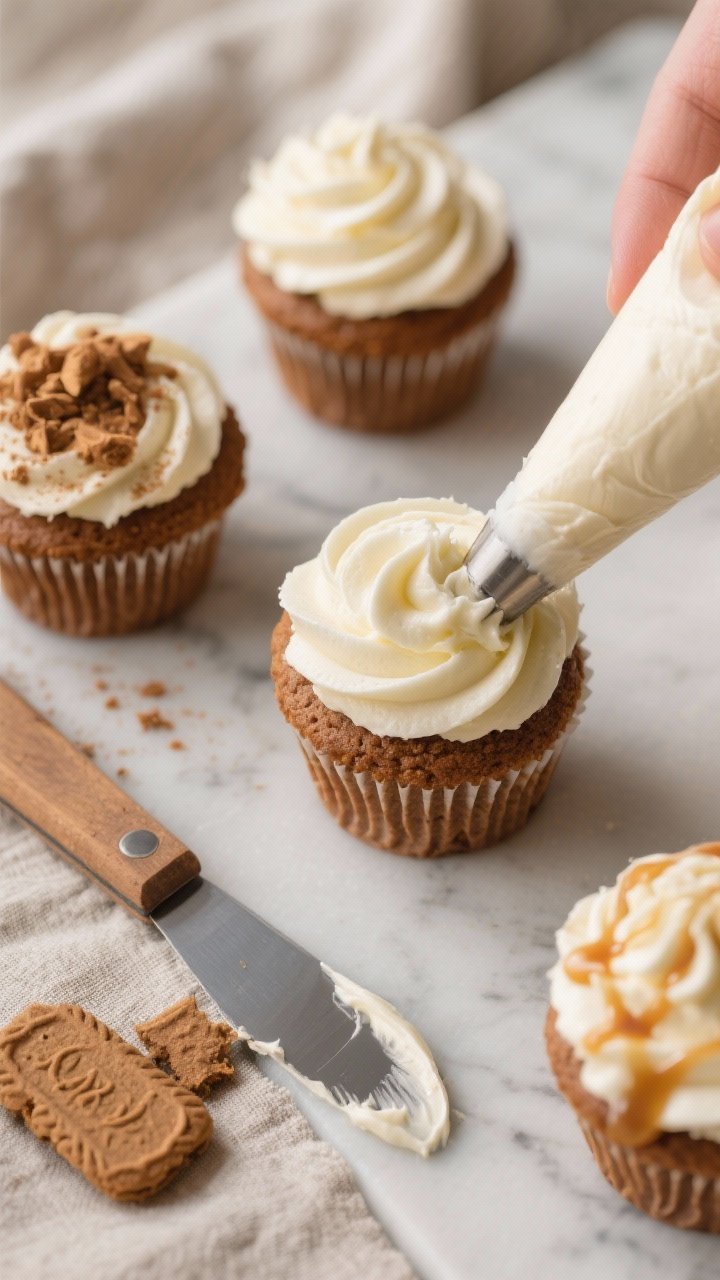Cooking process: Overhead shot of cooled cupcakes being frosted—swirls of tangy cream cheese frost