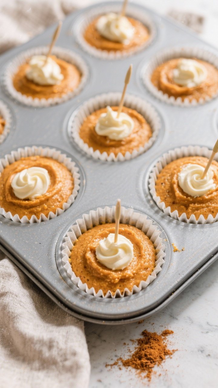 Cooking process: Overhead shot of cupcake liners filled two-thirds with pumpkin batter in a 12-cup m