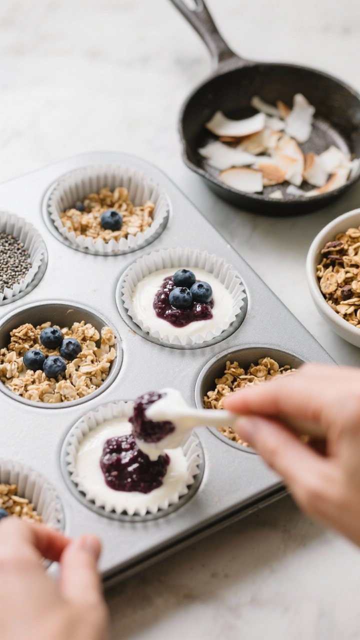 Cooking process: Overhead shot of muffin tin lined with paper liners, each partially assembled into 