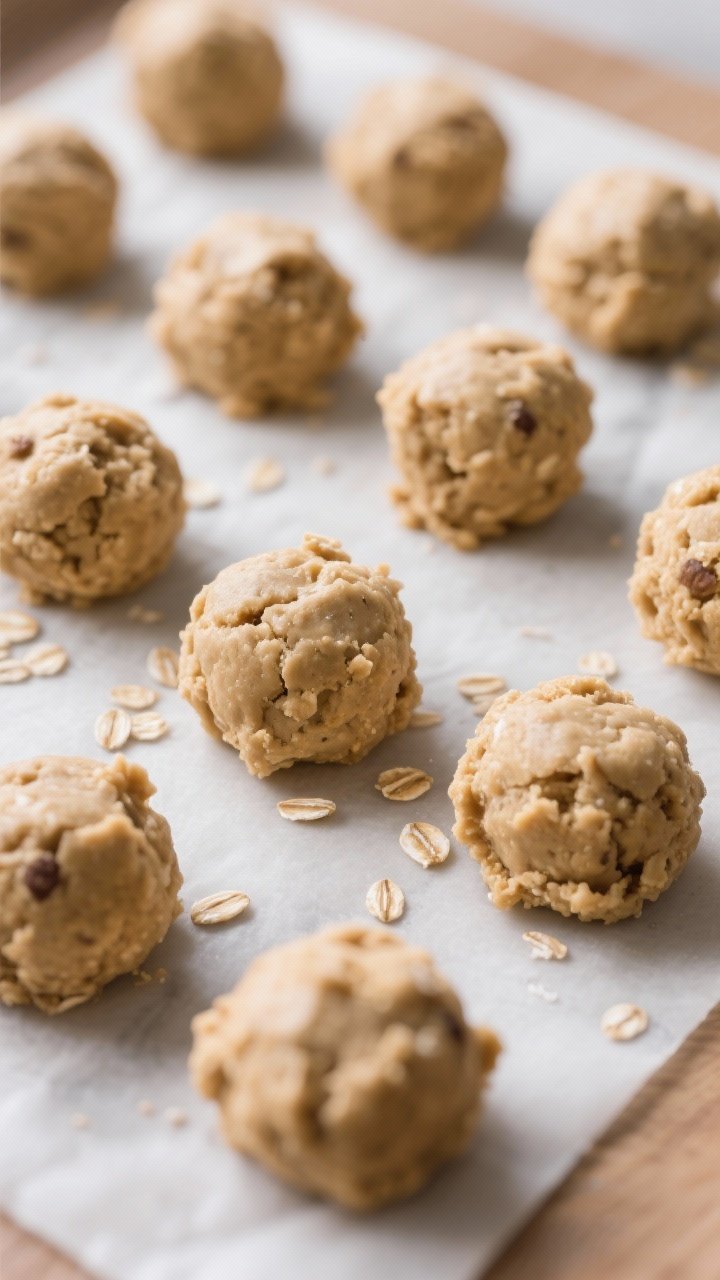 Cooking process: Overhead shot of portioned oatmeal cookie dough balls (about