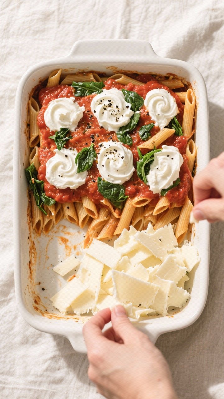 Cooking process: Overhead shot of sauced pasta being layered in the baking dish—half the tomato-ba