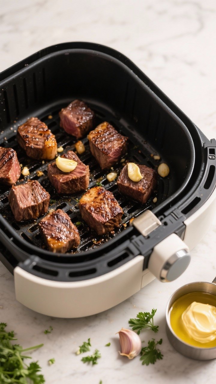 Cooking process: Overhead shot of steak bites arranged in a single layer inside a preheated air frye
