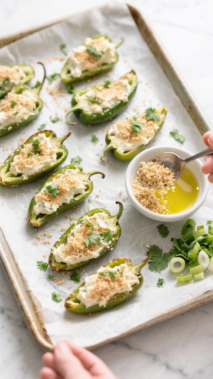 Cooking process: Overhead shot of stuffed jalapeños arranged cut-side up on a parchment-lined bakin