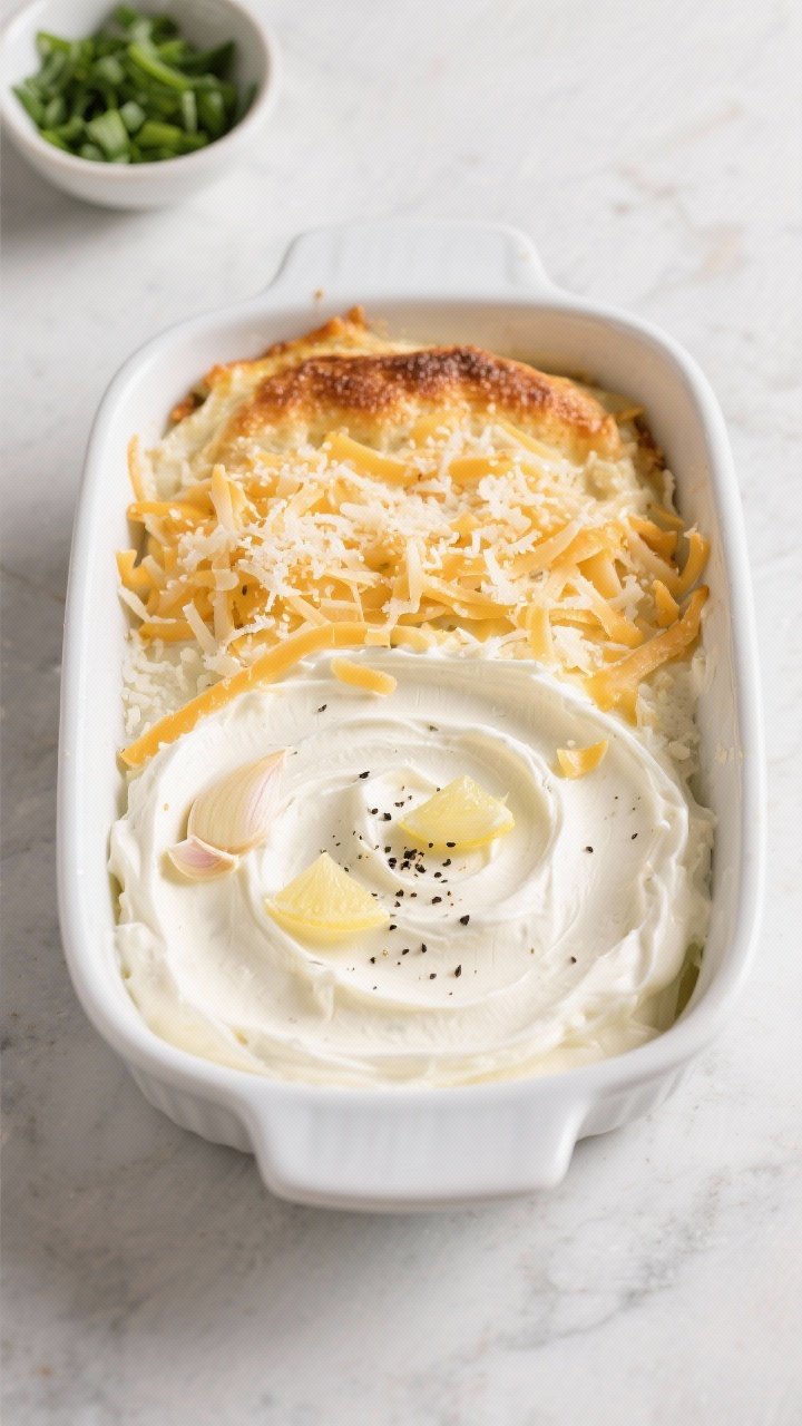Cooking process: Overhead shot of the assembled dip just before baking, in a small white 1-quart bak