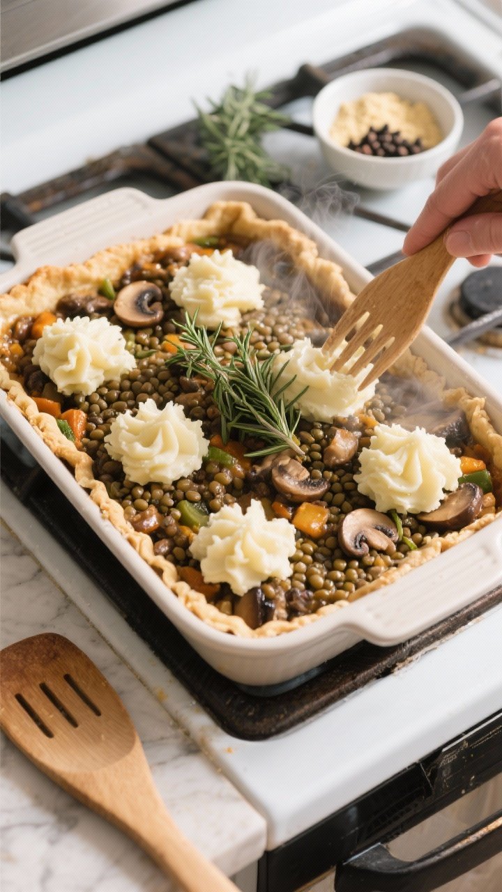Cooking process: Overhead shot of the assembled pie just before baking—an even layer of glossy len