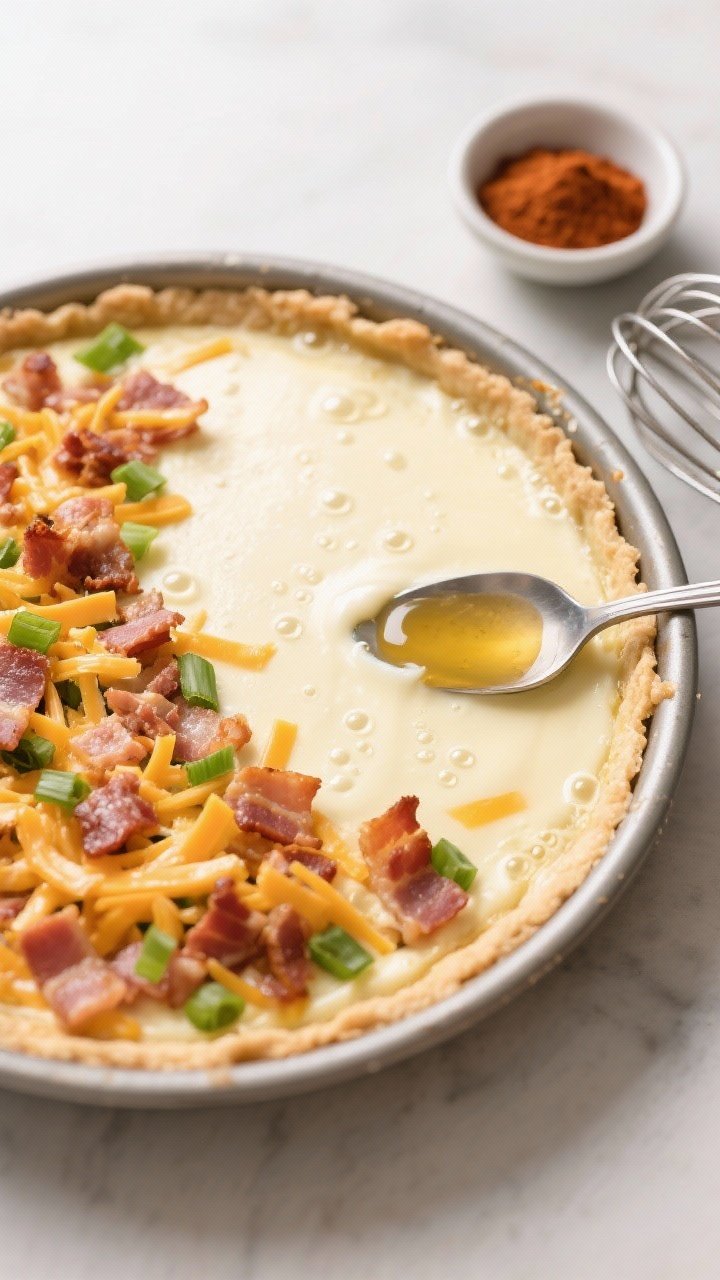 Cooking process: Overhead shot of the assembled quiche just after pouring the whisked egg-and-cream 
