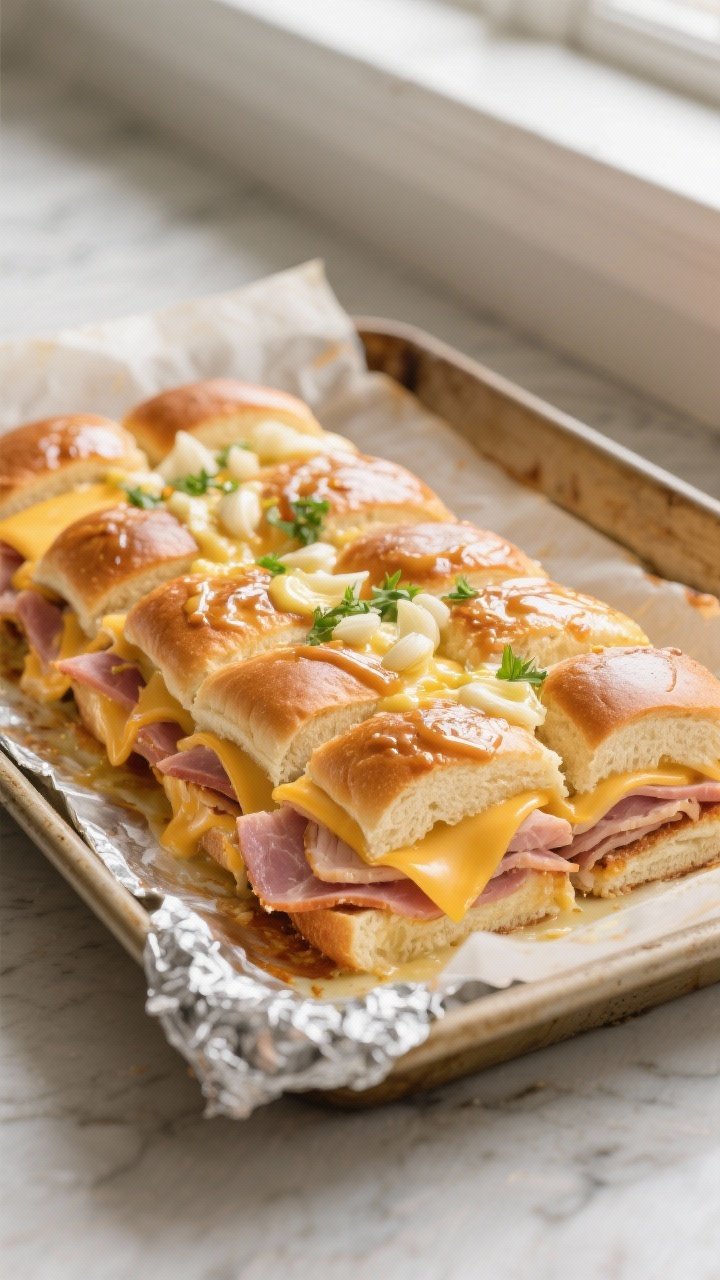Cooking process: Overhead shot of the assembled slider slab in a 9x13 baking dish right after the fi