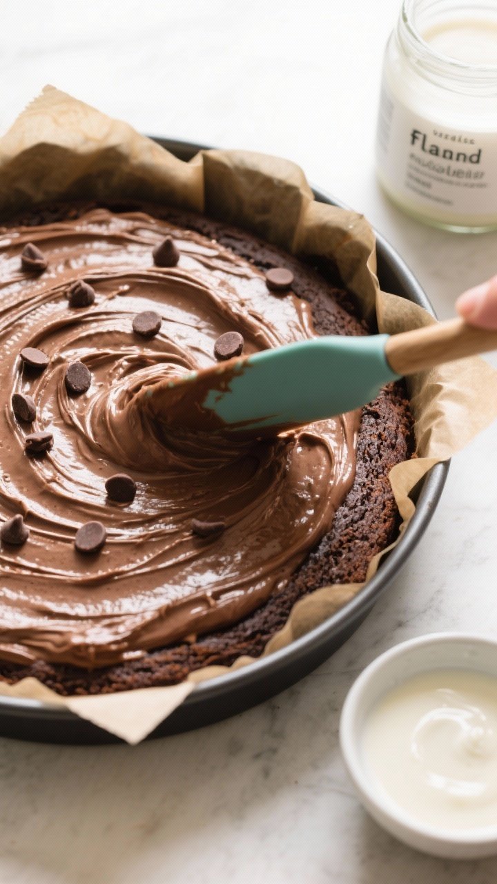 Cooking process: Overhead shot of the batter being spread evenly into a parchment-lined 8-inch round