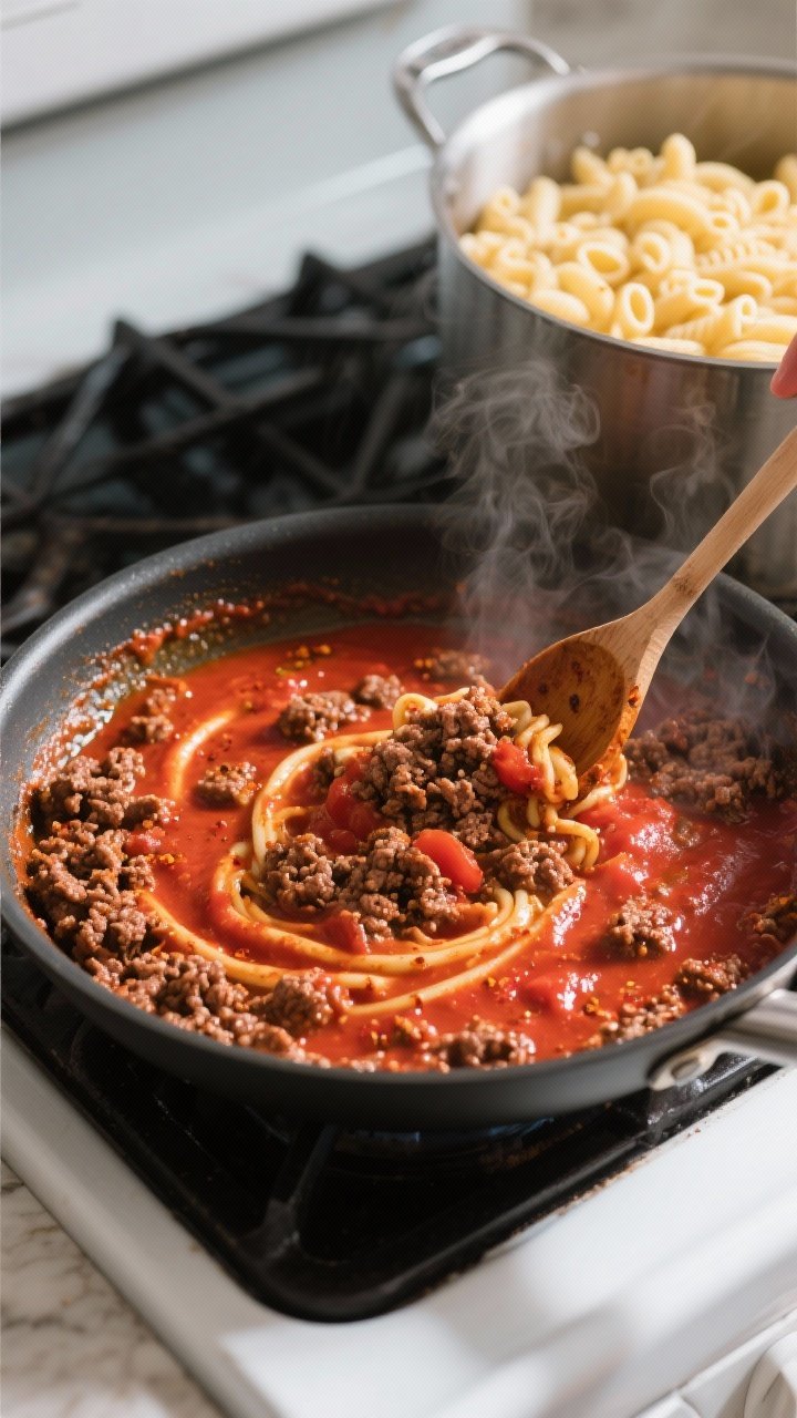Cooking process: Overhead shot of the beef-tomato sauce being built in a wide skillet—crumbled bro