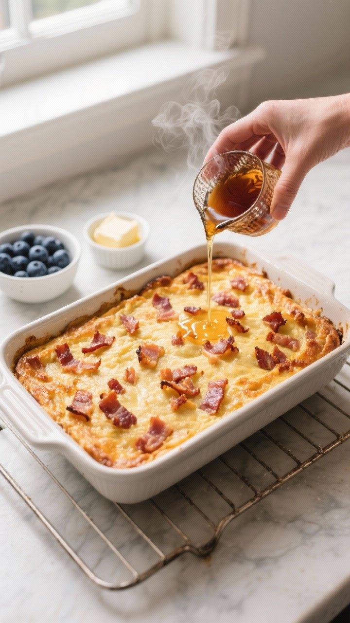 Cooking process: Overhead shot of the casserole fresh out of the oven in a butter-greased 9x13 bakin