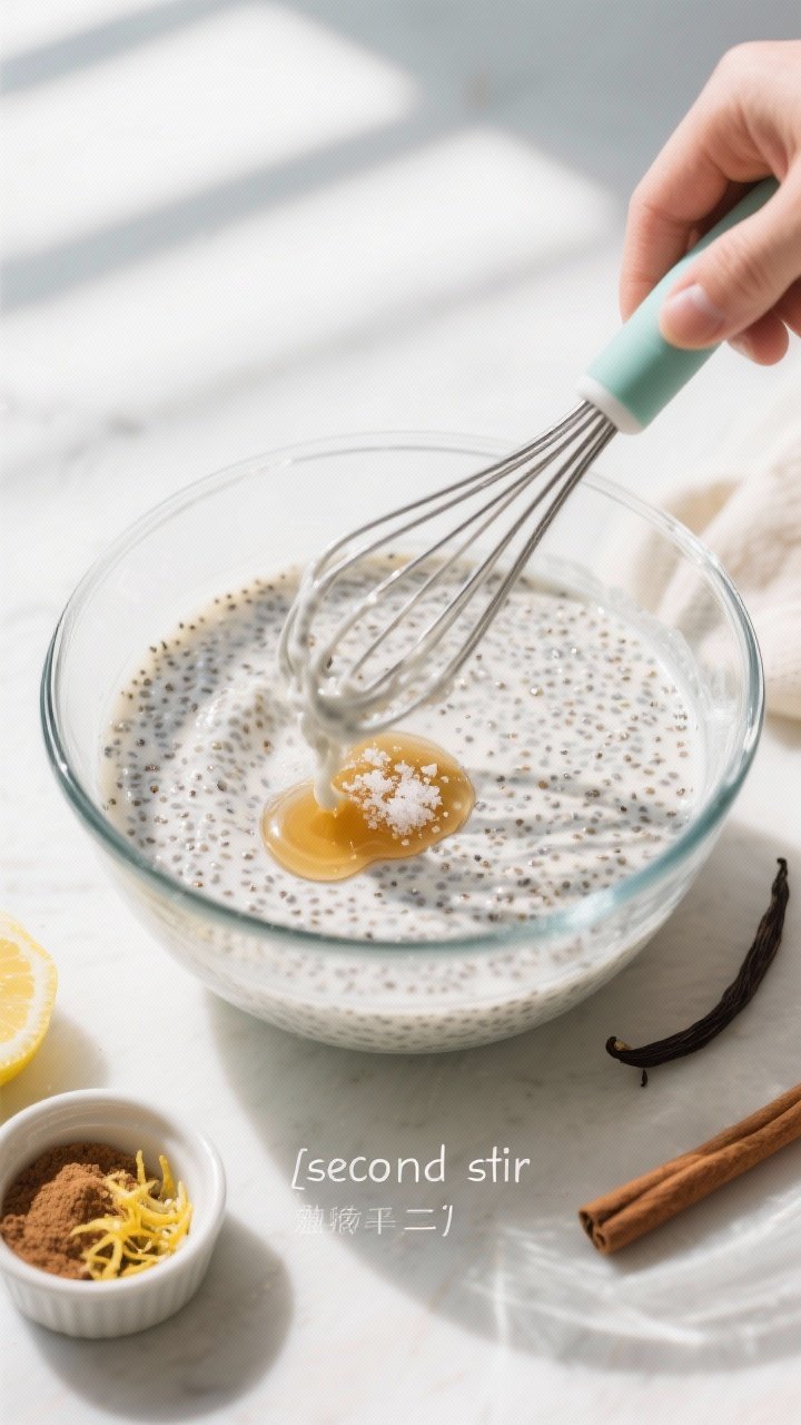 Cooking process: Overhead shot of the chia pudding base being mixed during the “second stir” sta