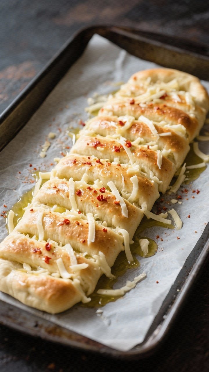 Cooking process: Overhead shot of the dough in the pan, already brushed with garlic butter and fully
